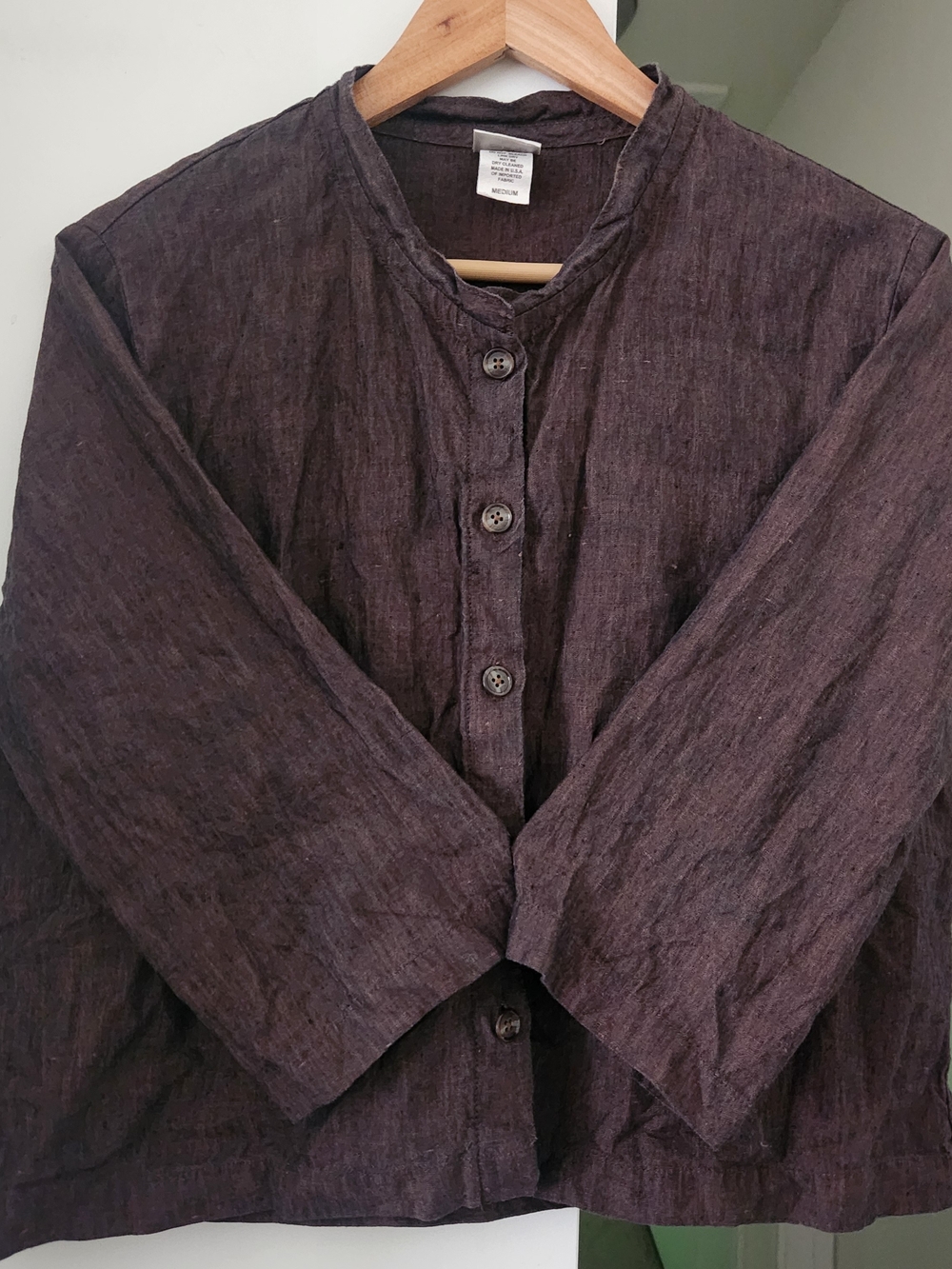 Vintage CTC Linens Brown Top Blouse Band Collar Wide Sleeve Womens Med USA Shirt